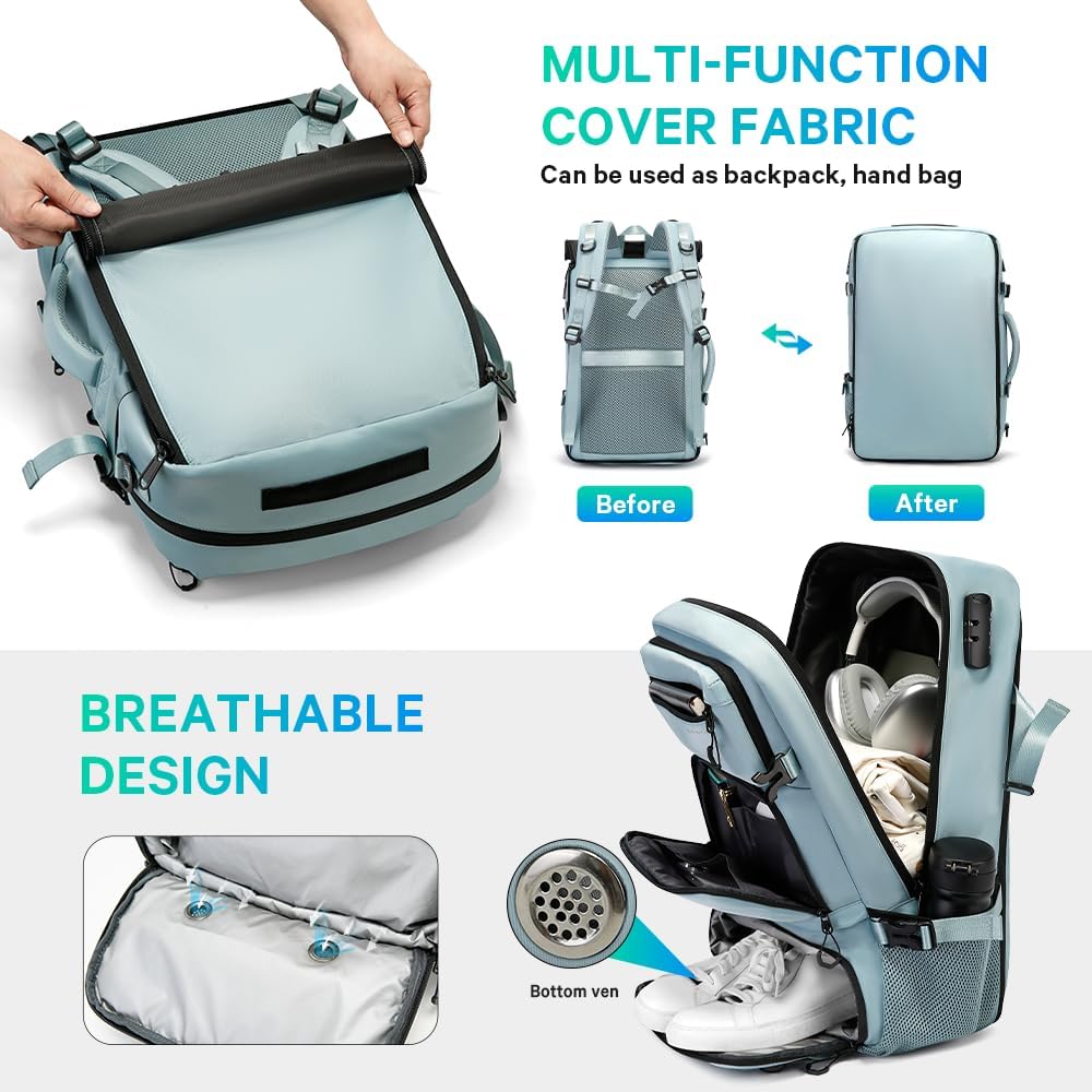 FUTURE AESTHEICS Travel backpack Carry-on Travel Backpack For Women Men Flight Approved Business Weekender Overnight Waterproof Daypack (Light Blue) - Image 6