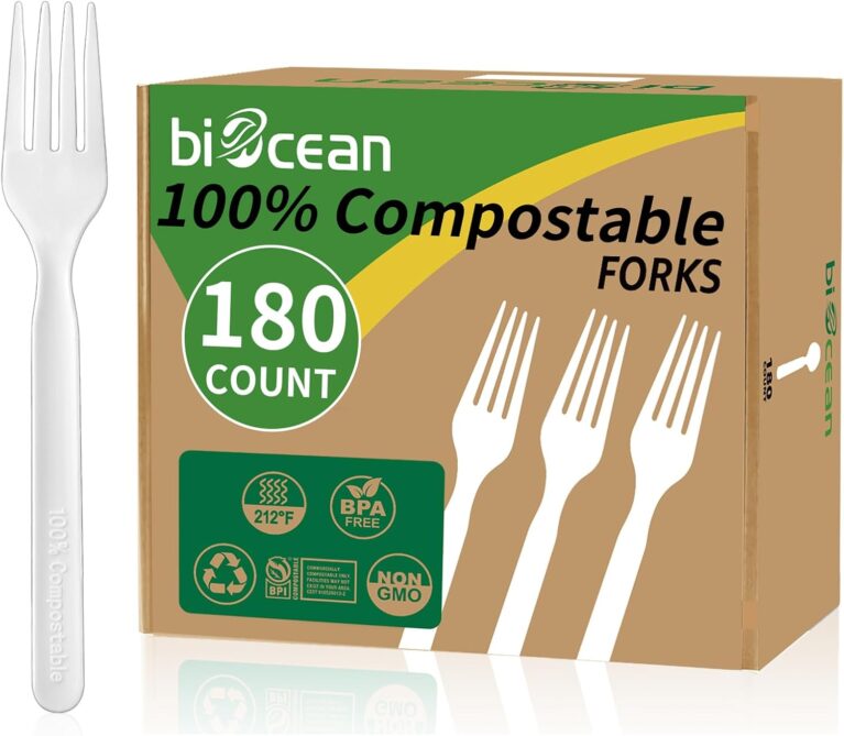 100% Compostable Forks 180 Count Disposable Forks bulk Utensils Set Heavy Duty Fork Silverware Eco Friendly Flatware for Party Camping Picnics Wedding-Ivory White