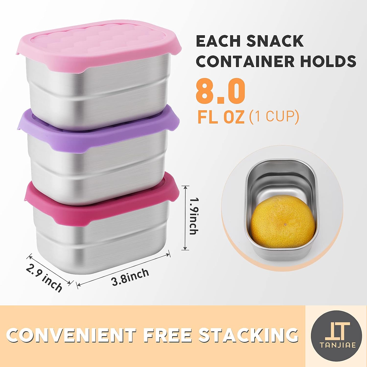Tanjiae Small (1 CUP) Stainless Steel Snack Containers for Kids | Easy Open Leak Proof Food Containers with Silicone Lids - Perfect Metal Toddler Lunch Box for Daycare and School (8oz) - Image 3