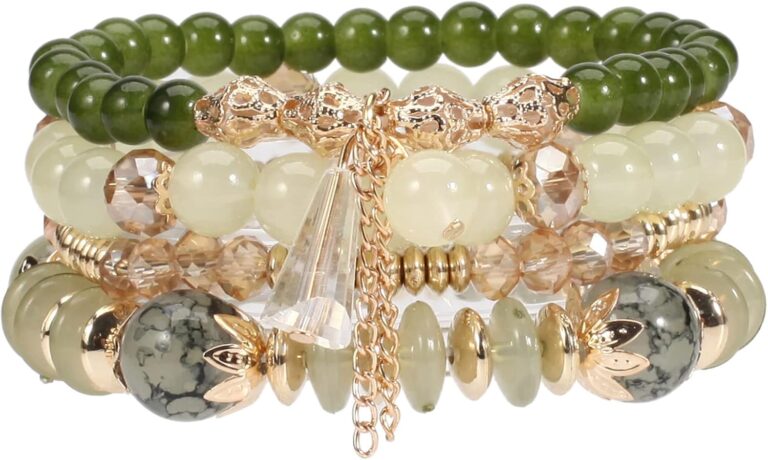 LOTSOF Bohemian Green Jade Stackable Bracelet Set - 4-Layer Stretch Beaded Bracelets with Gold Accents, Boho Jewelry for Women, Fashion Statement Accessory (Gift Ready)