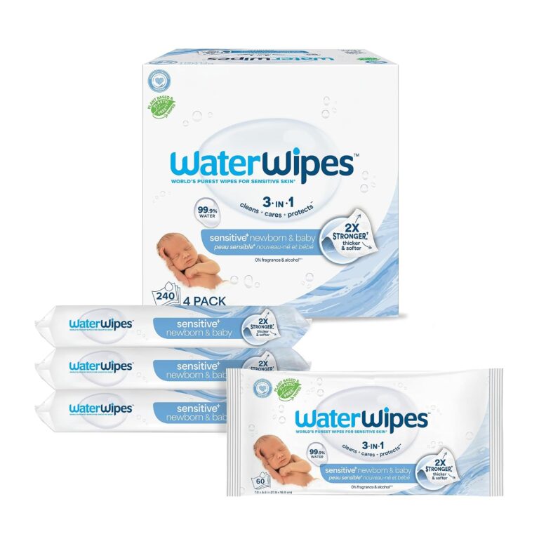 WaterWipes Sensitive+ Newborn & Baby Wipes, 3-In-1 Cleans, Cares, Protects, 99.9% Water, Unscented & Hypoallergenic, 240 Count (4 Packs)