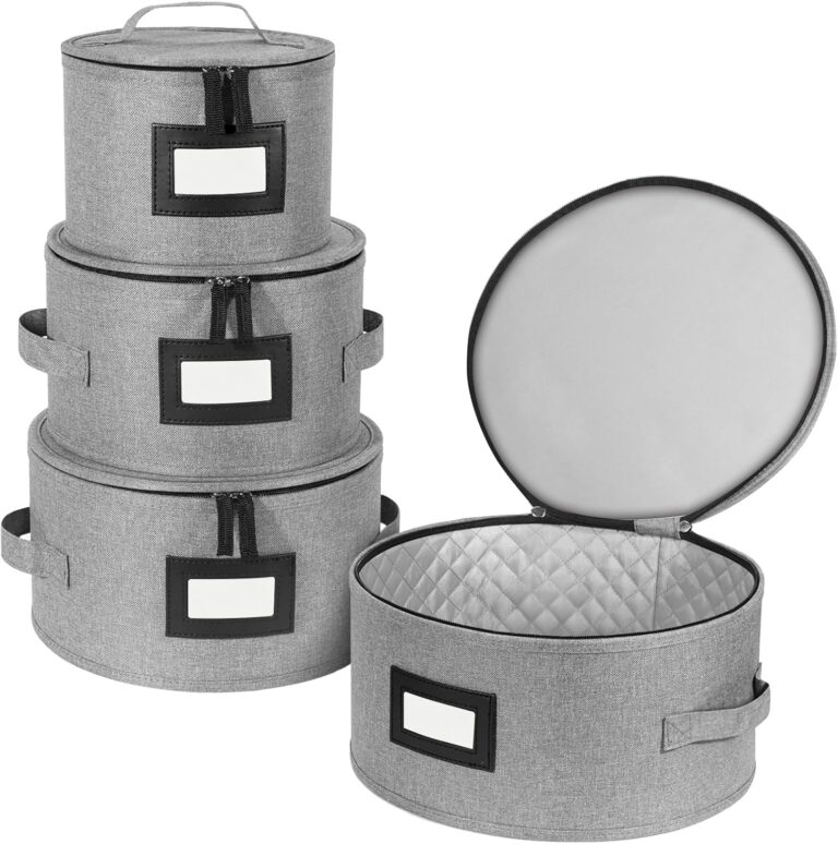 BALEINE China Storage Containers, Sturdy Quilted Wine Glass Storage, Plate Organizer with Carry Handles, Moving Boxes for Dishes, Cups, Mugs and Stemware (Plate, Hard Shell Grey)
