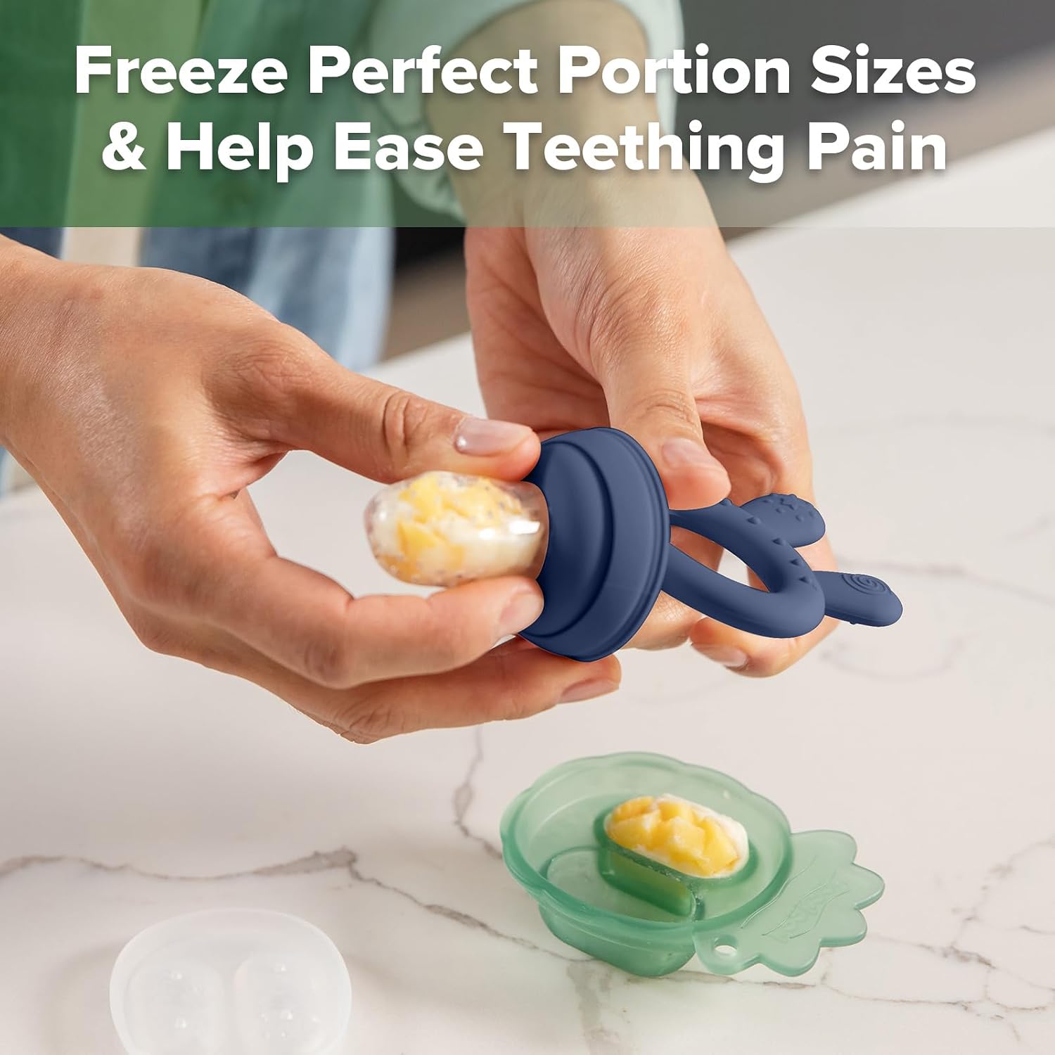 Haakaa Baby Fruit Food Feeder & Mini Freezer Nibble Tray Combo, Breastmilk Popsicle Molds for Baby Cooling Relief, BPA Free Silicone Feeder for Safe Infant Self Feeding, 4 Month+ (Steel Blue) - Image 3