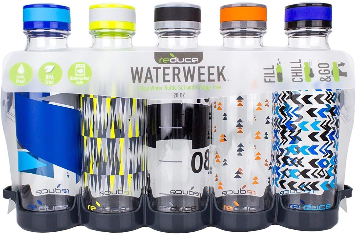 REDUCE WaterWeek Reusable Water Bottle Set, 20oz – Plastic Reusable Water Bottle Set of 5, Plus Fridge Tray – BPA-Free, Leak Proof Twist Off Cap – Trek - Image 9