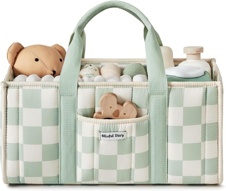 Blissful Diary Checkered Diaper Caddy Organizer, Storage Basket, Sage Green