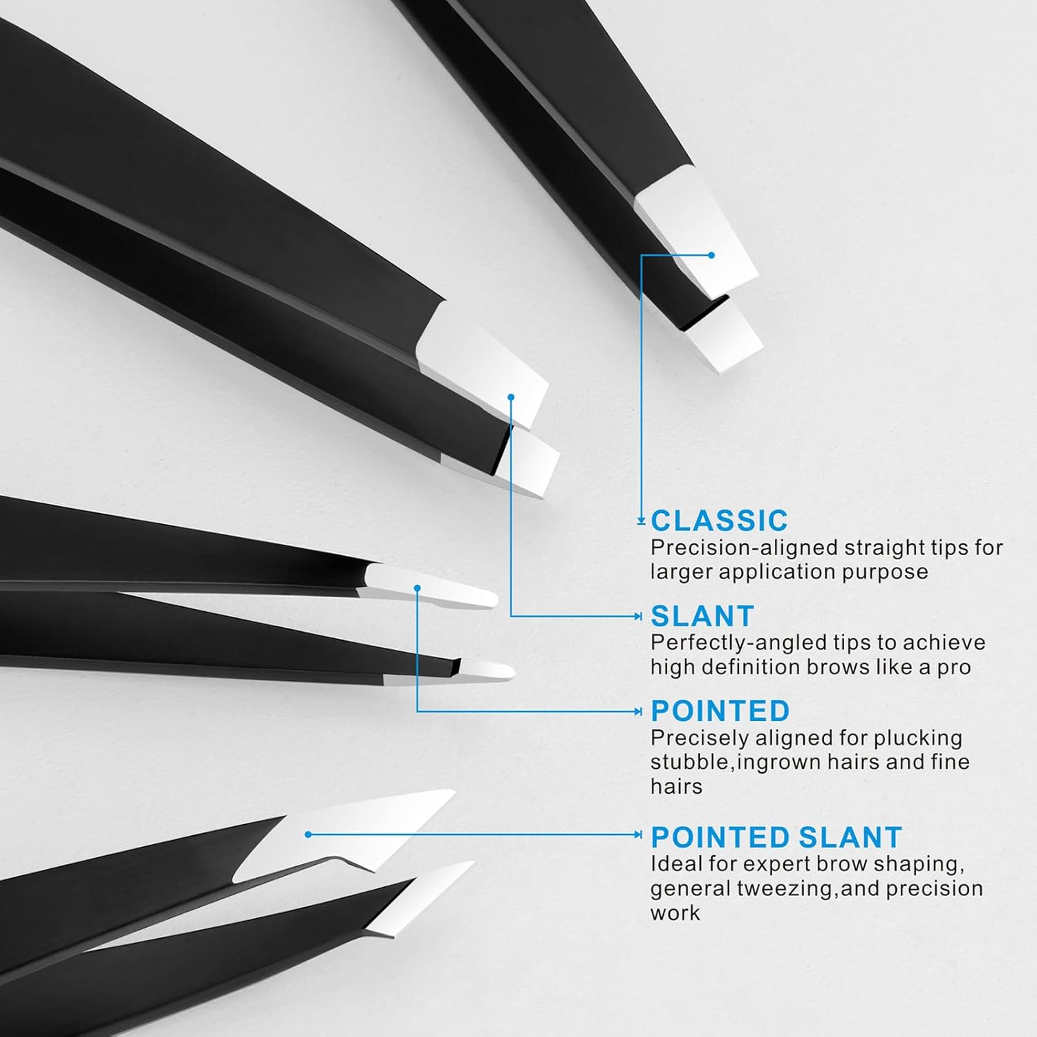 Pefei Tweezers Set - Professional Stainless Steel Tweezers for Eyebrows - Great Precision for Facial Hair, Splinter and Ingrown Hair Removal (Black) - Image 3