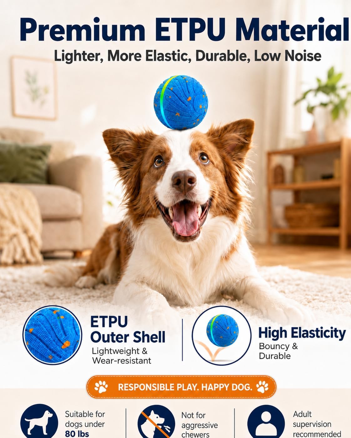 Xeuch Smart Interactive Dog Balls, Automatic Moving Bouncing Ball, E-TPU Material, Motion Activated Rotating Toy for Dogs Puppies, Enrichment & Stimulation Toys for Indoor & Outdoor (Deep Blue) - Image 3