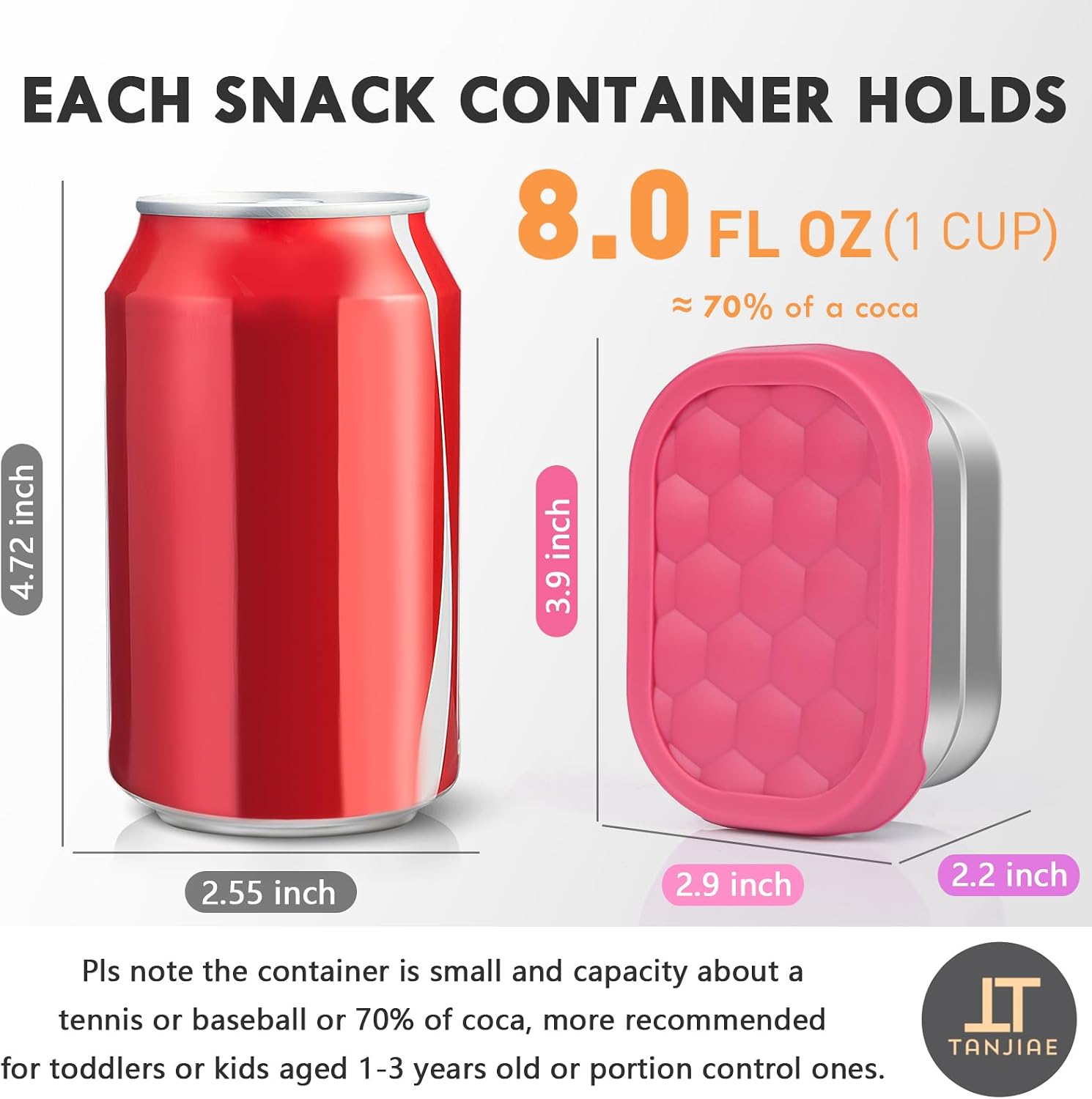 Tanjiae Small (1 CUP) Stainless Steel Snack Containers for Kids | Easy Open Leak Proof Food Containers with Silicone Lids - Perfect Metal Toddler Lunch Box for Daycare and School (8oz) - Image 2