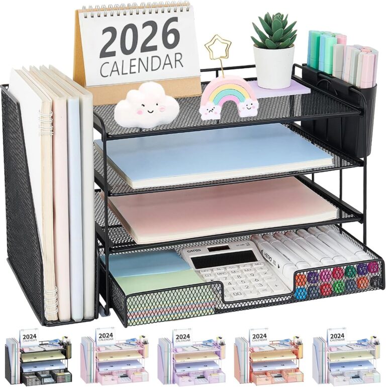OPNICE Desk Organizer, 4-Tier Desktop File Organizer with Drawer and Pen Holders, Office Desk Accessories, File Sorters, Workspace Organizers for Office Supplies(Black)