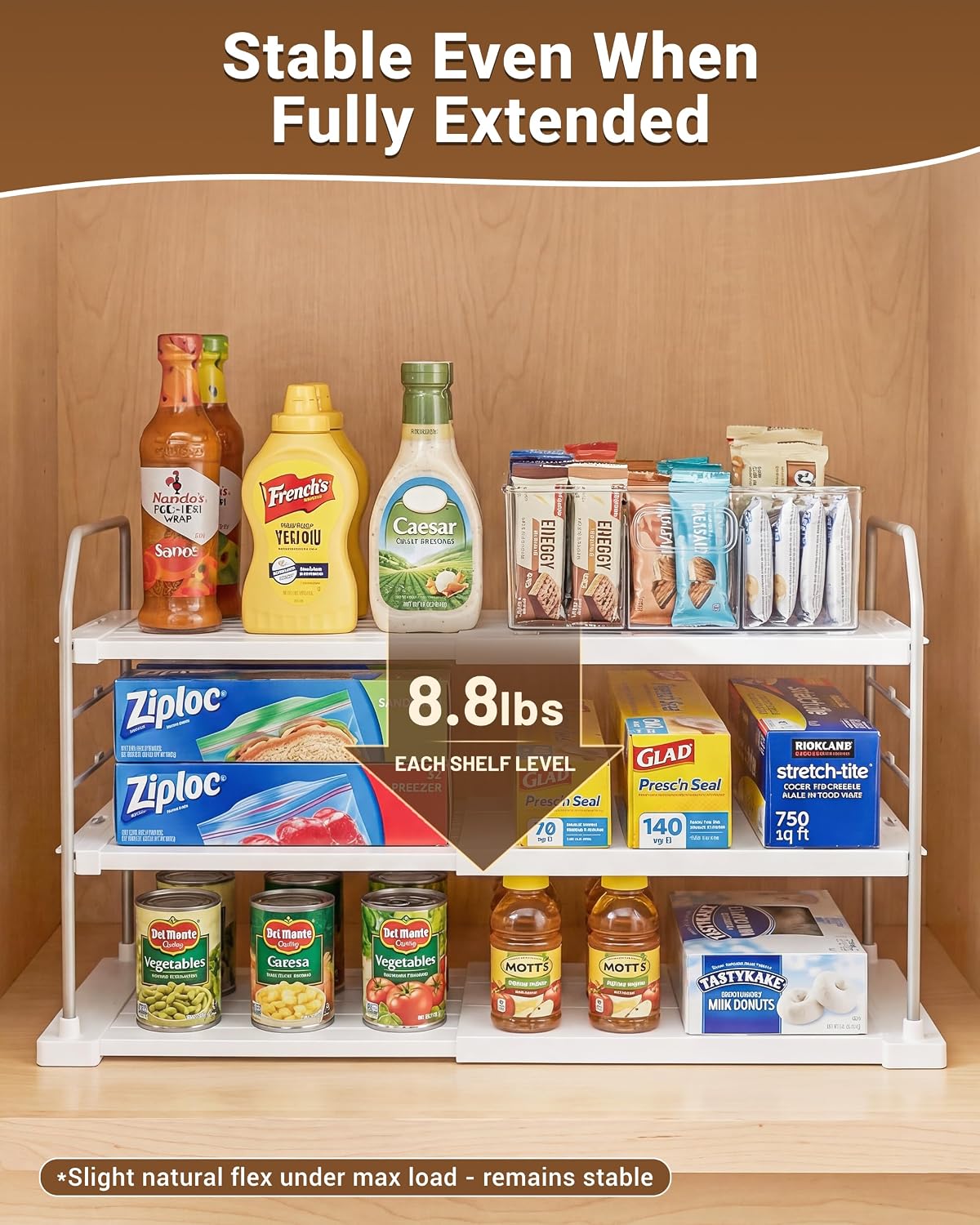 EVERIE Extendable 3-Tier Kitchen Cabinet & Pantry Organizer for Plastic Wrap, Foil & Storage Bags, Adjustable Heavy Duty Shelf Rack for Wrap Boxes, Jars & Snack Boxes (11–16.7 in Wide), Pack of 1 - Image 8