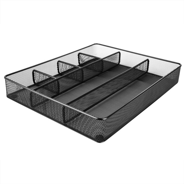 Amazon Basics Metal Mesh Desk Organizer with 6 Compartments, Anti-Slip Pen Holder Storage Tray for Office Supplies and Home, Black