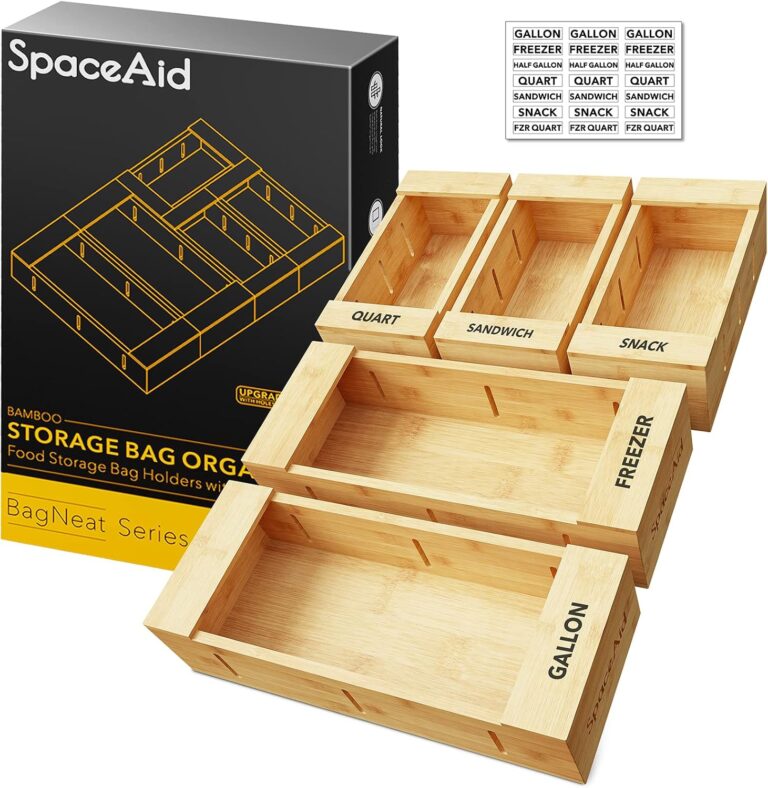 SpaceAid Bag Storage Organizer for Kitchen Drawer, Bamboo Organizer, Compatible with Gallon, Quart, Sandwich and Snack Variety Size Bag (5 Pack Set)