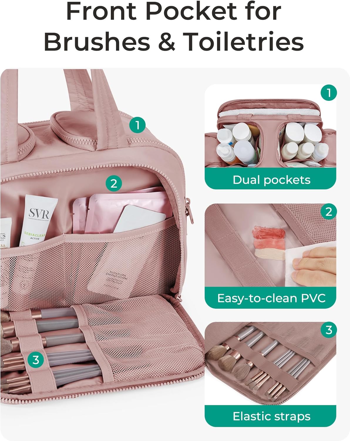 BAGSMART Travel Toiletry Bag, Lightweight Large Wide-open Travel Bag for Women, Puffy Cosmetic Makeup Bag Organizer with Handle for Accessories,Essentials, Toiletries, Dark Pink - Image 2