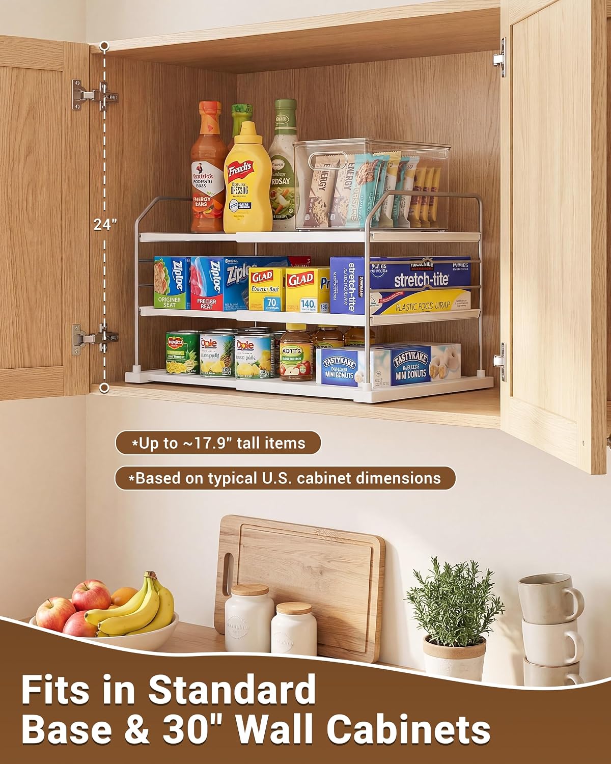 EVERIE Extendable 3-Tier Kitchen Cabinet & Pantry Organizer for Plastic Wrap, Foil & Storage Bags, Adjustable Heavy Duty Shelf Rack for Wrap Boxes, Jars & Snack Boxes (11–16.7 in Wide), Pack of 1 - Image 4