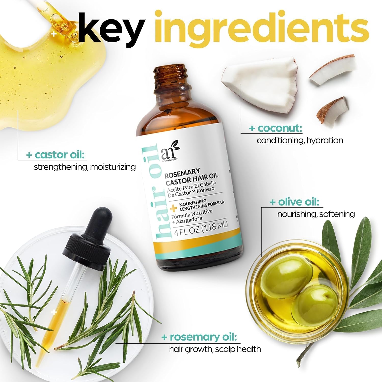 ArtNaturals Rosemary Oil for Hair Growth & Castor Oil Set, 4 oz, Women Men - Image 5
