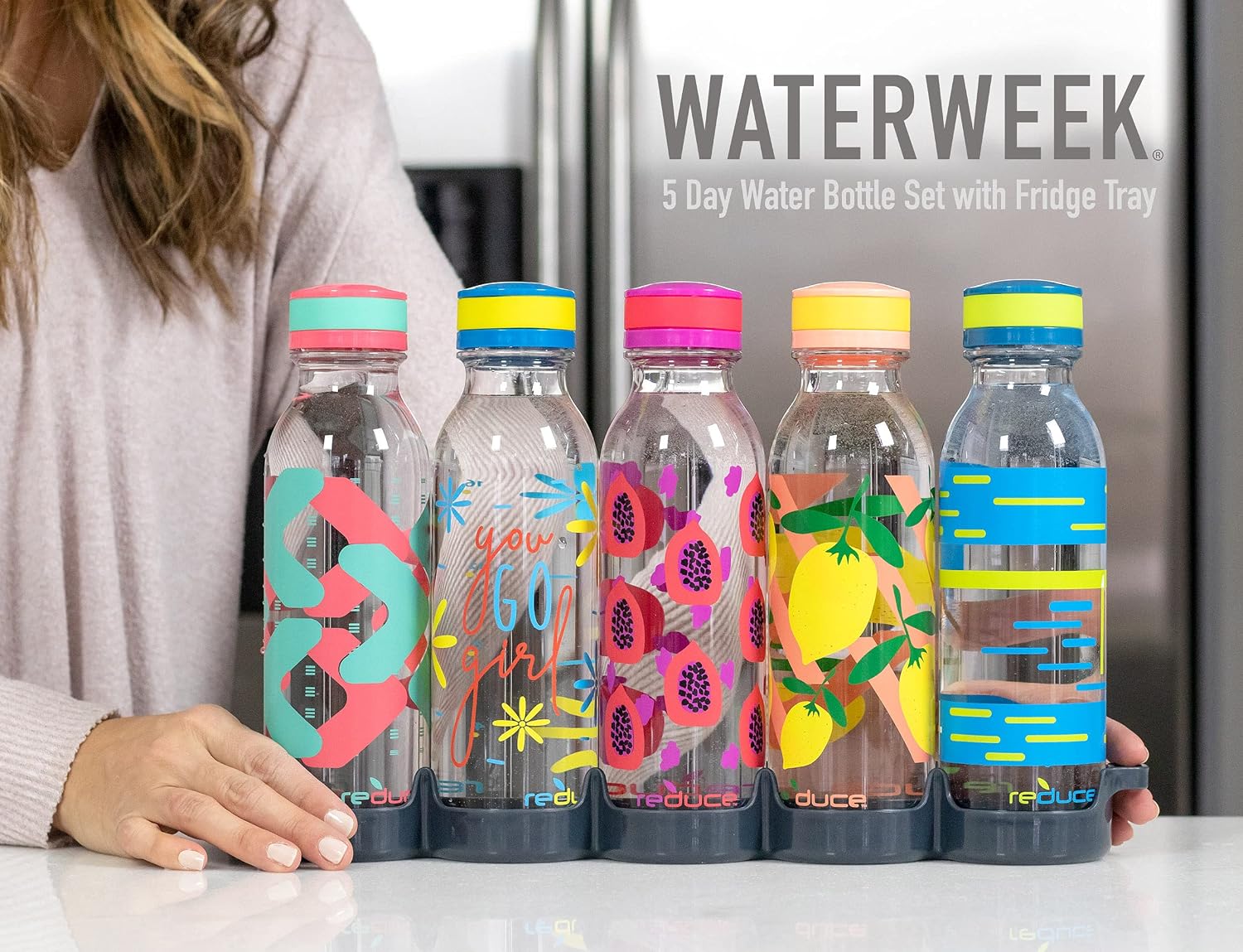 REDUCE WaterWeek Reusable Water Bottle Set, 20oz – Plastic Reusable Water Bottle Set of 5, Plus Fridge Tray – BPA-Free, Leak Proof Twist Off Cap – Trek - Image 2