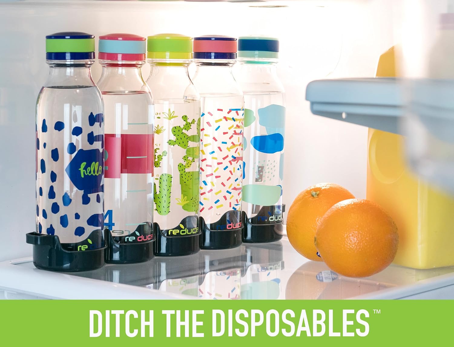 REDUCE WaterWeek Reusable Water Bottle Set, 20oz – Plastic Reusable Water Bottle Set of 5, Plus Fridge Tray – BPA-Free, Leak Proof Twist Off Cap – Trek - Image 4