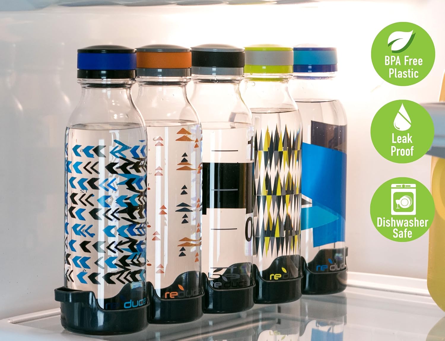 REDUCE WaterWeek Reusable Water Bottle Set, 20oz – Plastic Reusable Water Bottle Set of 5, Plus Fridge Tray – BPA-Free, Leak Proof Twist Off Cap – Trek - Image 3
