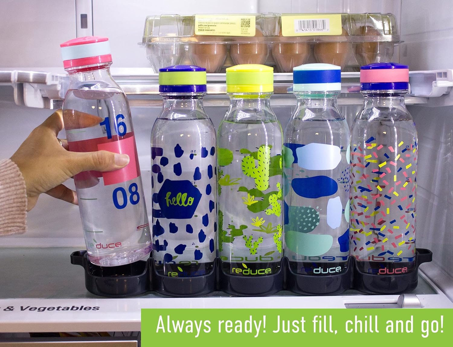 REDUCE WaterWeek Reusable Water Bottle Set, 20oz – Plastic Reusable Water Bottle Set of 5, Plus Fridge Tray – BPA-Free, Leak Proof Twist Off Cap – Trek - Image 5