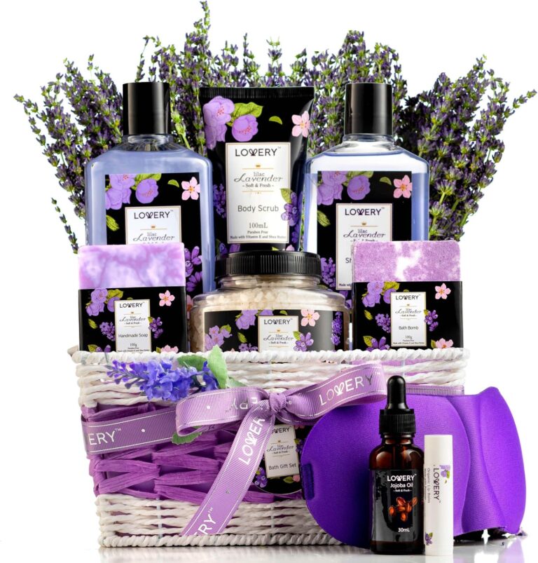 Gifts for Women, Moms, Lavender & Lilac Spa Gift Basket Set - Handmade Soap, Potpourri, Bath Bomb, Jojoba Oil, Organic Lip Balm & More - Stress Relief, Bath & Body Self Care Package
