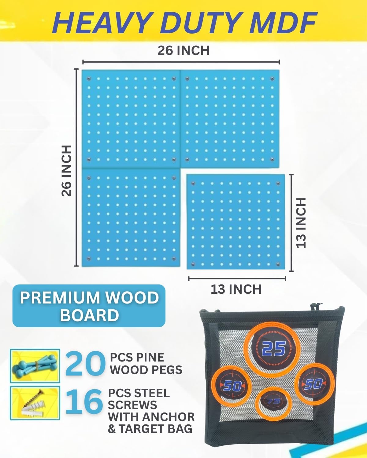 Wooden Peg Board for Nerf Gun Storage Organizer 13 x 13 x 0.31 In - Blue - Image 2